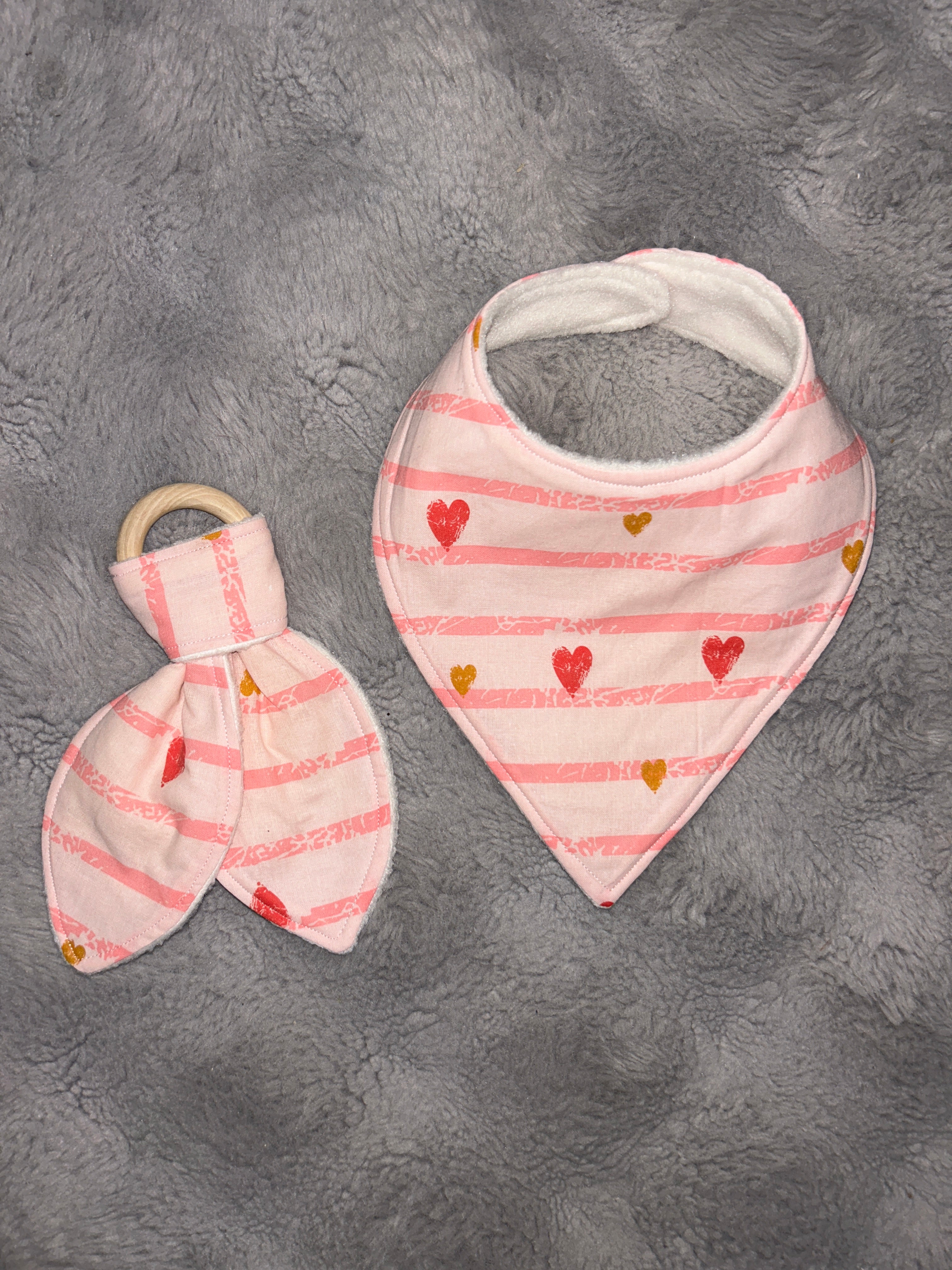 Pink striped valentines dribble bib & Teether ring set