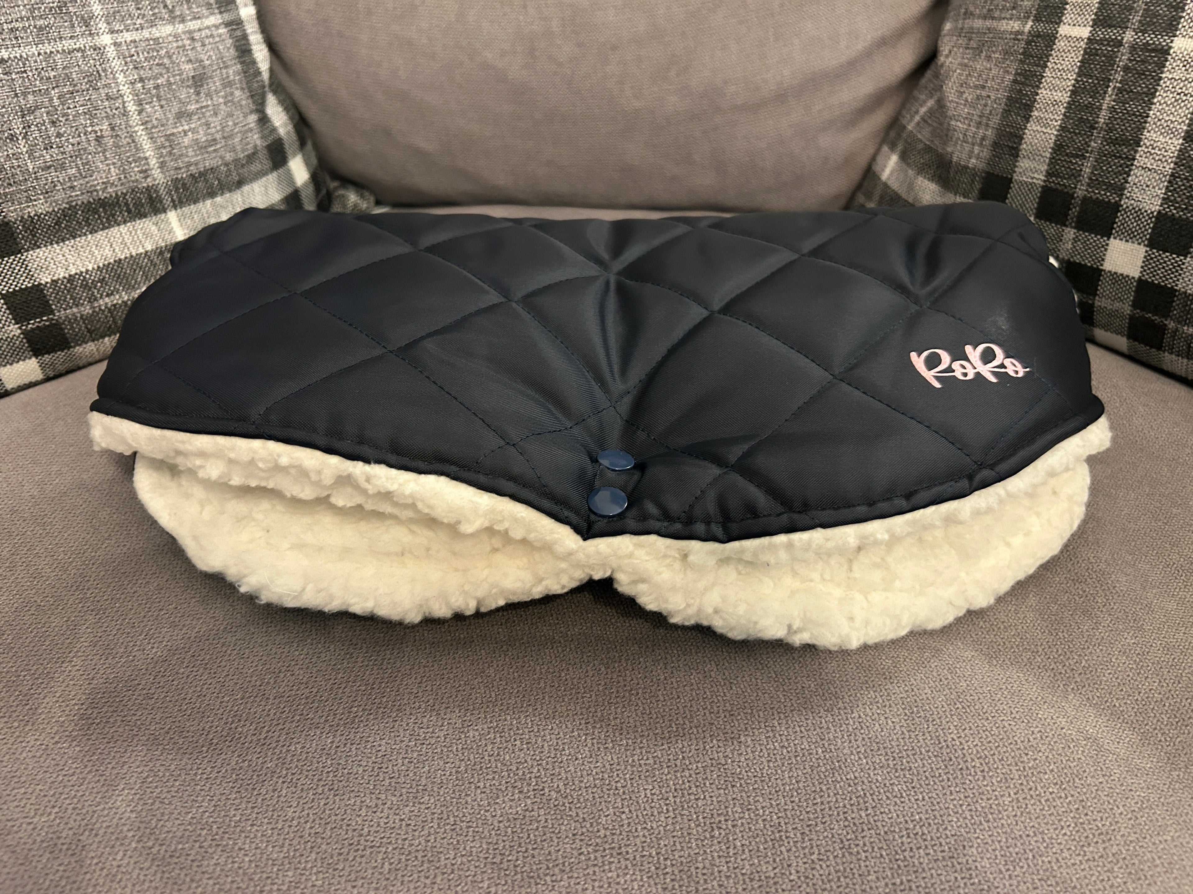 Waterproof winter pram handmuff navy/ sheep